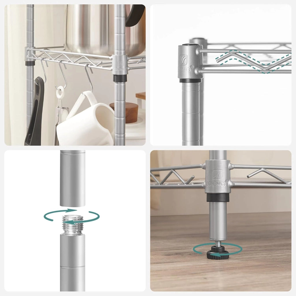SONGMICS Scaffale Portaoggetti di Metallo a 6 Livelli Regolabili in Rete, con Pannelli PP, 8 Ganci a S, per Garage, Cucina, Soggiorno, Salvaspazio, Max Carico 120 kg, Argento LGR116E01