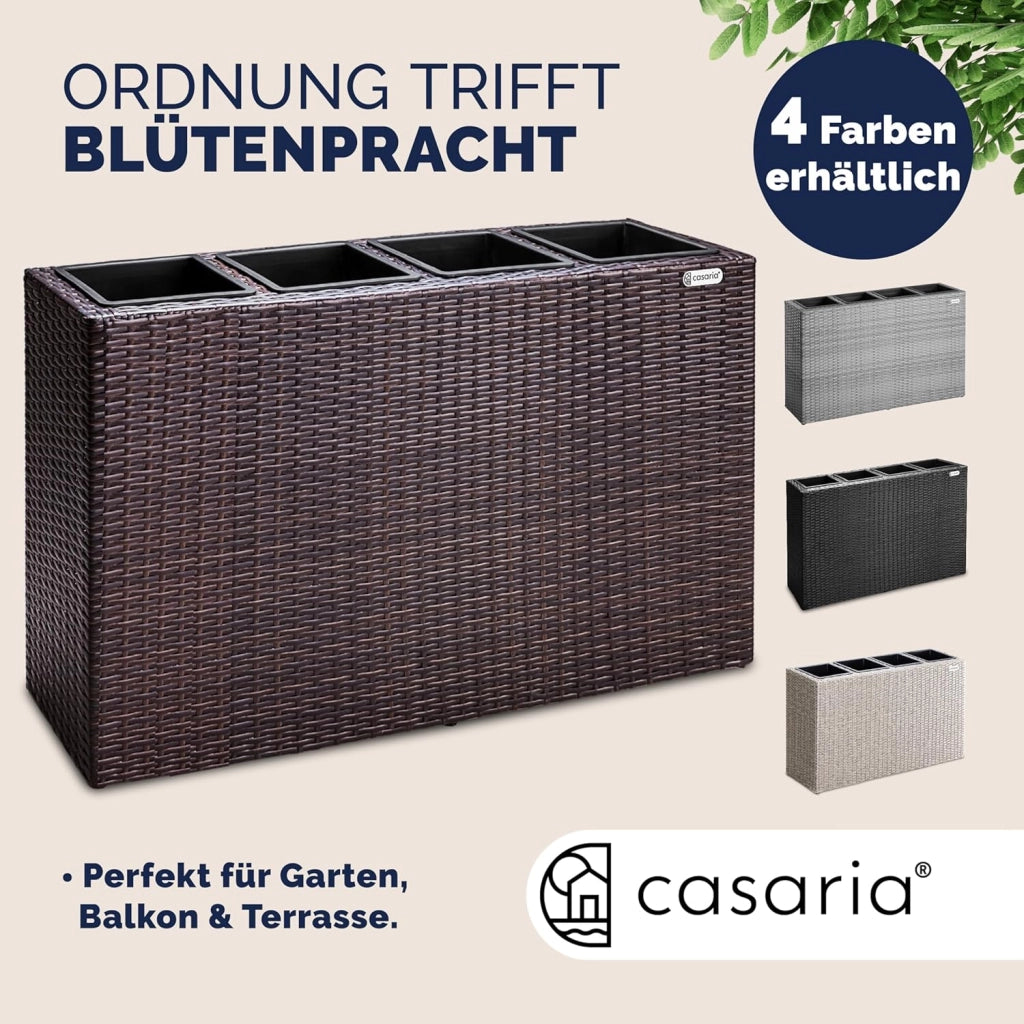 Fioriera Rettangolare 95x27x60 cm con 4 Vasi Interni in Polyrattan con Sistema di Drenaggio Fioriere Porta Vaso da Fiori Piante Divisorio Giardino Balcone Terrazza Marrone
