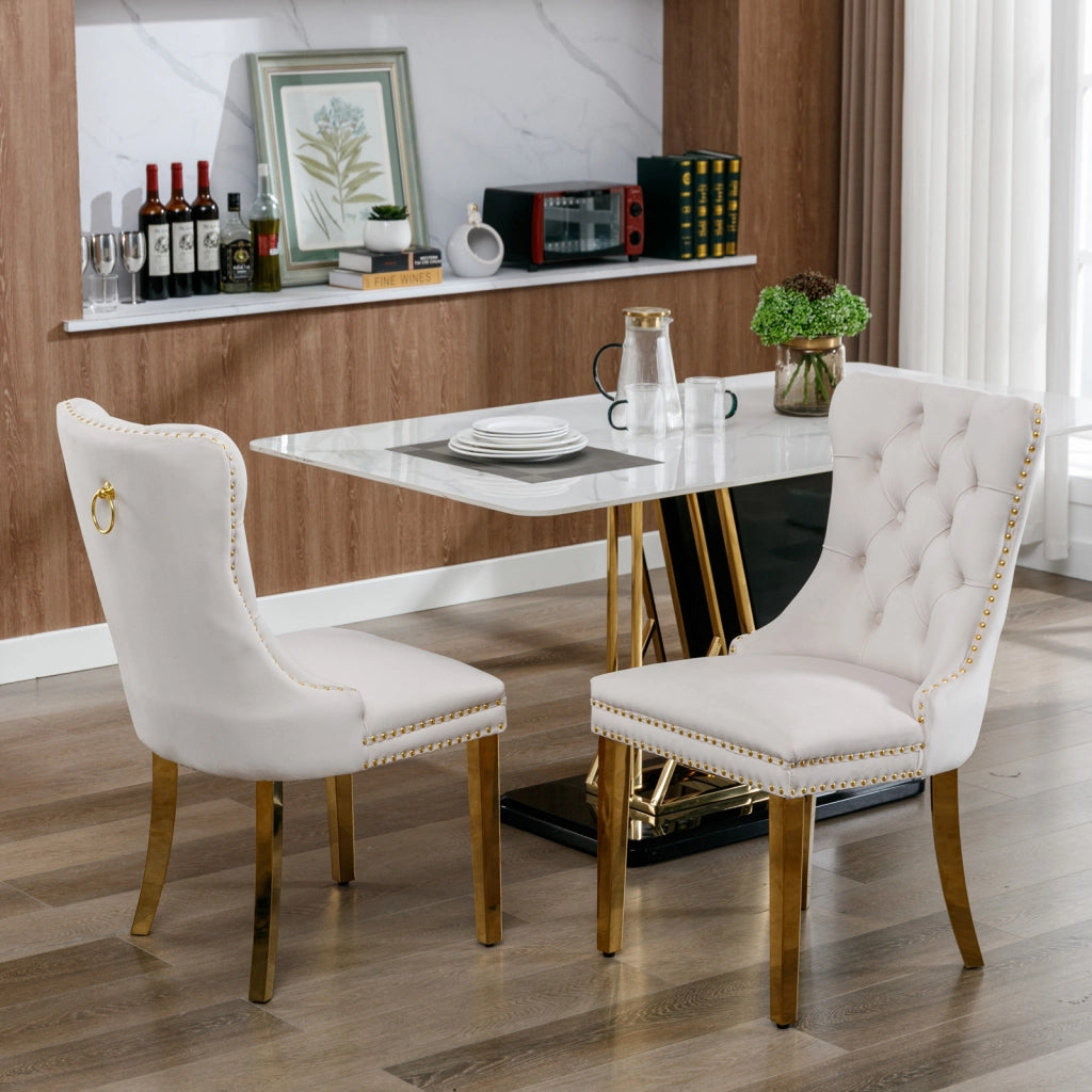 Sedie da Pranzo Imbottite in Velluto con Gambe Dorate ¨C MINIMAL ¨C Set 2 Pezzi, Beige e Oro