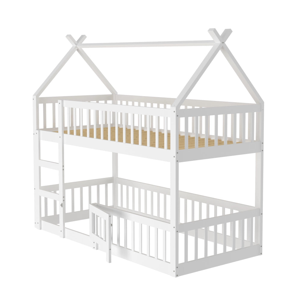 Letto a castello bianco con scala in legno massello 90x200 cm
