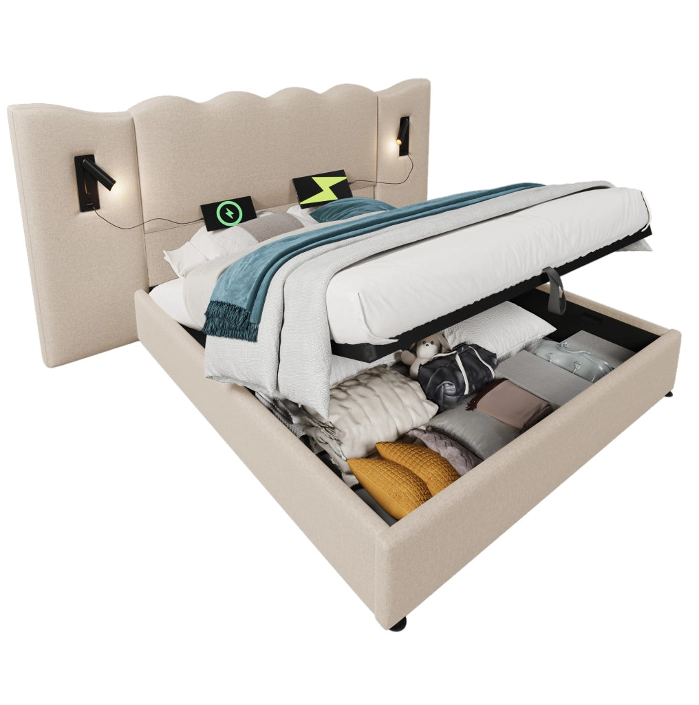Letto 160x200 cm con luce da lettura e ricarica USB; in lino beige