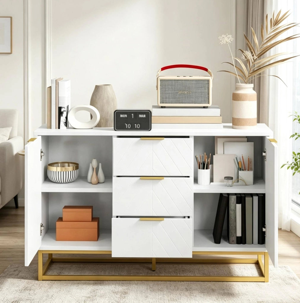 Credenza 120x40x76 cm bianca e oro in MDF e metallo， con cassetti e ante