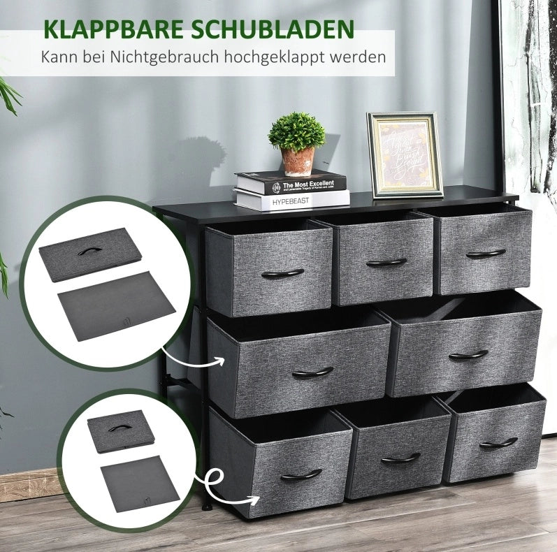 Kommode mit 8 Stoffschubladen und Metallgestell, 100x30x78,5 cm, Dunkelgrau