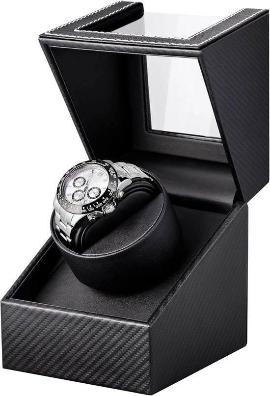 Orologio automatico avvolgicassetti: orologio automatico unico avvolgicassetti, cassetta in pelle nera rotante, avvolgicassetti orologio con motore giapponese silenzioso, alimentato da adattatore AC