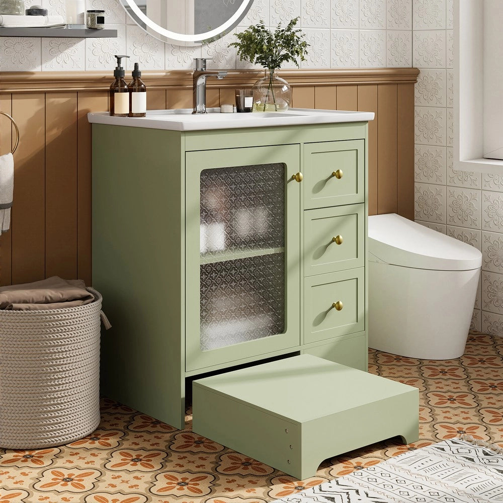 Mobile Bagno con Lavabo in Ceramica, LED e Specchio ¨C Xylo ¨C Bianco con Dettagli Oro
