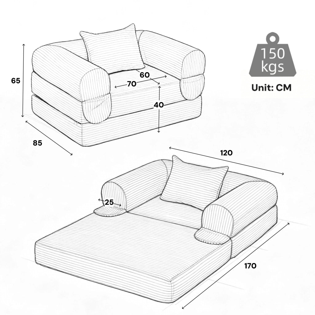Divano letto singolo convertibile in tessuto corduroy con funzione letto, cuscino e design salvaspazio, grigio