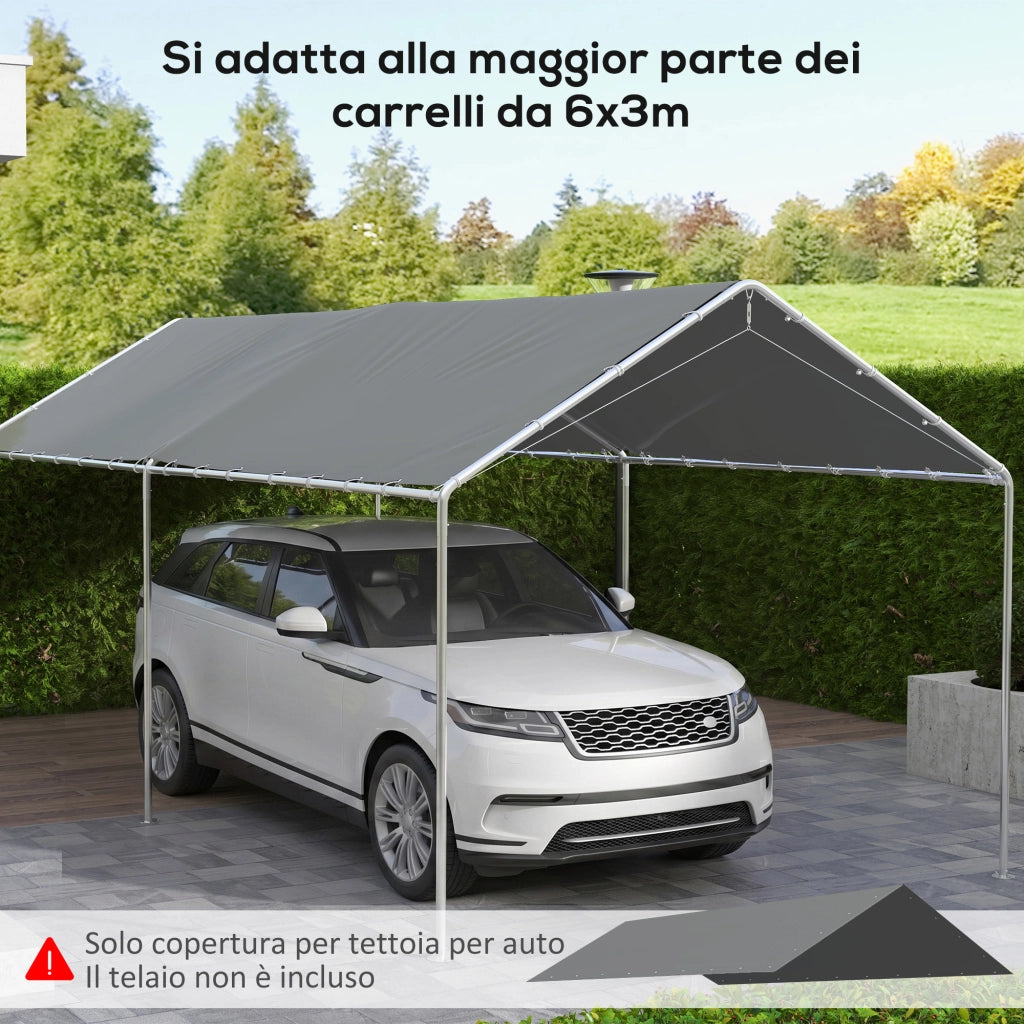 Copertura di Ricambio 6x3 m in PE Grigio Scuro Anti-UV per Carport Auto con Corde Elastiche