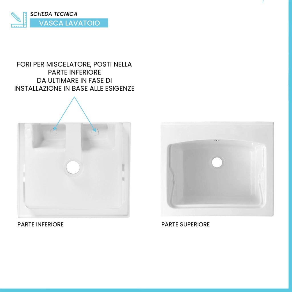 Mobile lavatoio 61x50 cm bianco opaco con vasca in ceramica e kit scarico