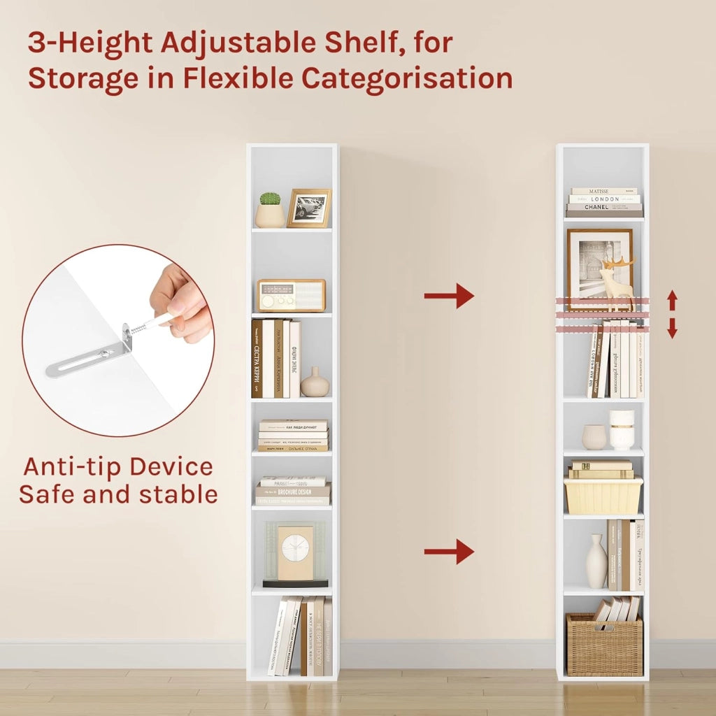 Libreria, Scaffale a 7 Livelli, 30x26x178,5 cm, Mobile Alto con Scomparti Aperti, per Ufficio/Salotto/Camera da Letto, Bianco, SK066ws