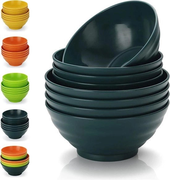 Set di Piatti in Plastica per Ramen da 8 pezzi - riso, pasta, zuppa di riso, insalata di grano, avena - resistente a lavastoviglie e forno a microonde - inerte e riciclabile - Piatto leggero (verde scuro)