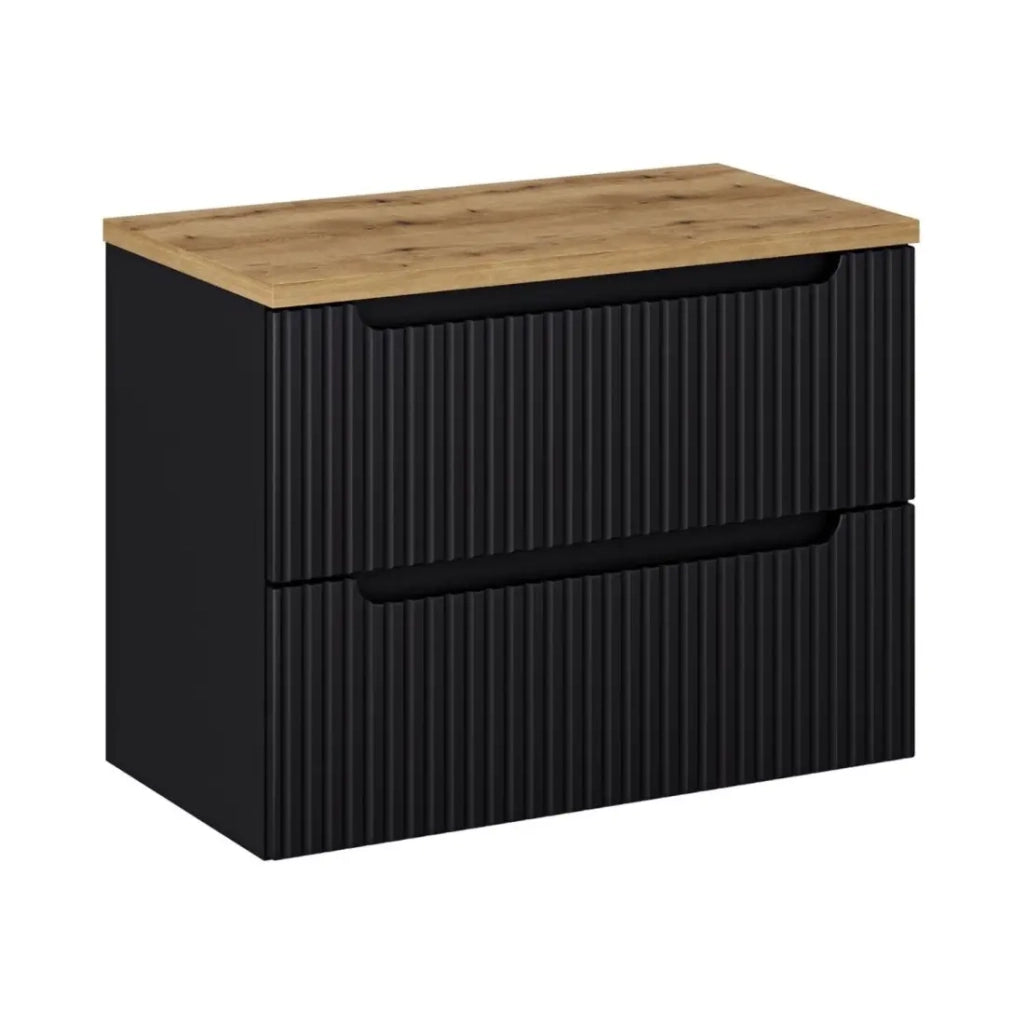 Set bagno VANO 80cm: mobile sottolavabo con cassetti in nero opaco scanalato + piano per lavabo in aspetto rovere chiaro