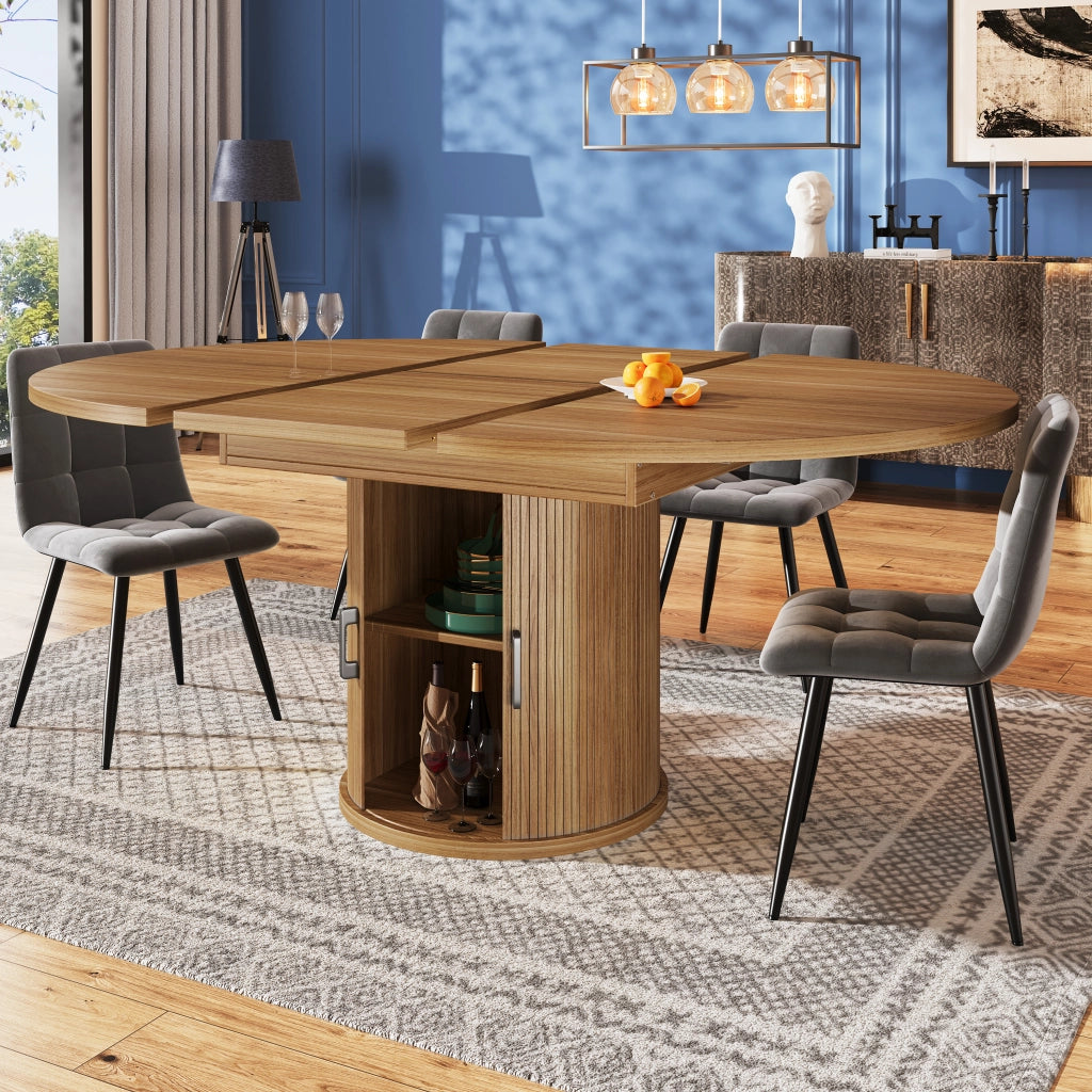 Tavolo da pranzo allungabile con piano estraibile e vano contenitore a due livelli per cucina e soggiorno in MDF noce