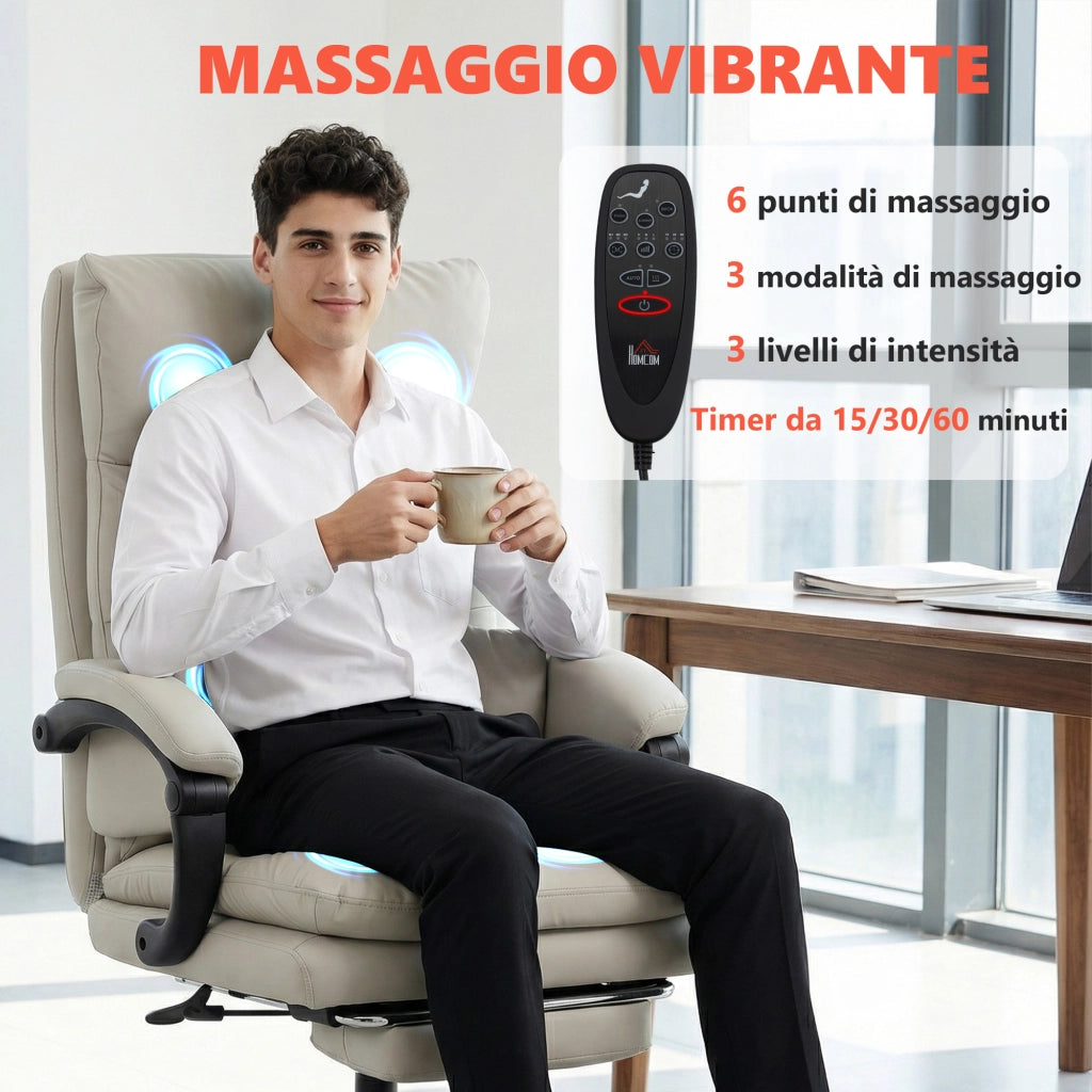 Poltrona Massaggiante Riscaldata Reclinabile con Poggiapiedi ¨C Zephmum ¨C Grigio Chiaro, Pelle PU