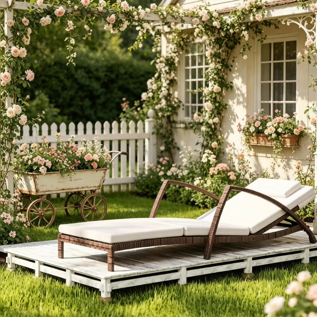 Sdraio da giardino regolabile con ruote, cuscino e braccioli, beige/marrone