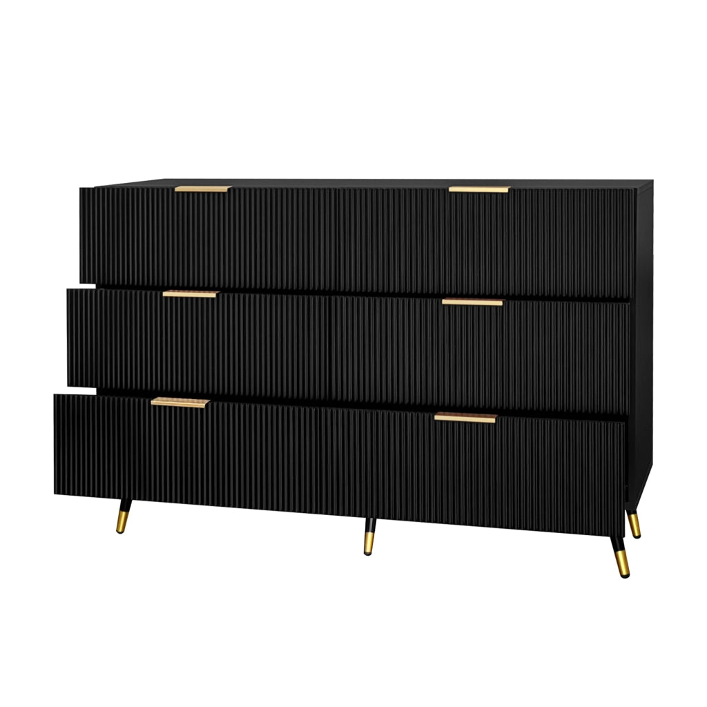 Credenza moderna con 6 cassetti in truciolare nero, gambe alte e dettagli dorati 120 × 40 × 77 cm