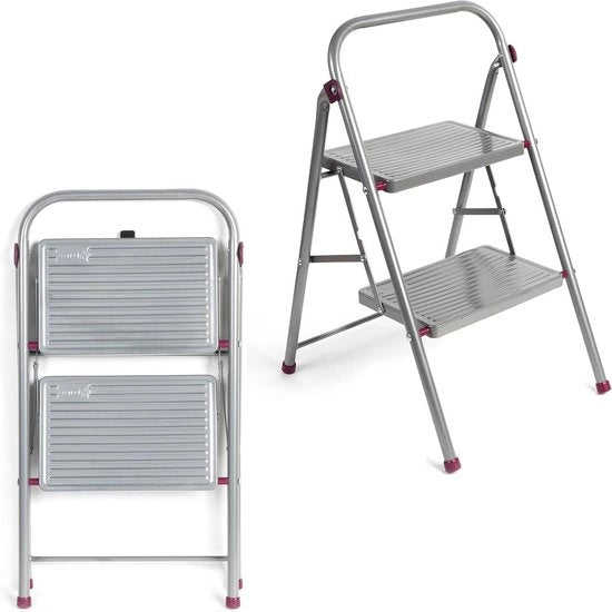 Scale a Due Passi Ripiegabile Scala a Pioli con Piedini Antiscivolo Stoccaggio Compresso Progettazione Ergonomica Leggera Struttura in Acciaio Resistente KL068491EU - Clip di Sicurezza 150kg di Capacità 80cm Rosa/Grigio