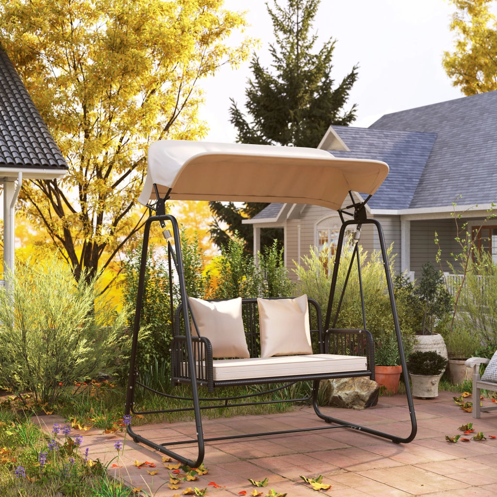 Altalena da Giardino 2 Posti in Rattan con Cuscini e Tetto ¨C zephmum ¨C Khaki 149x121x180 cm