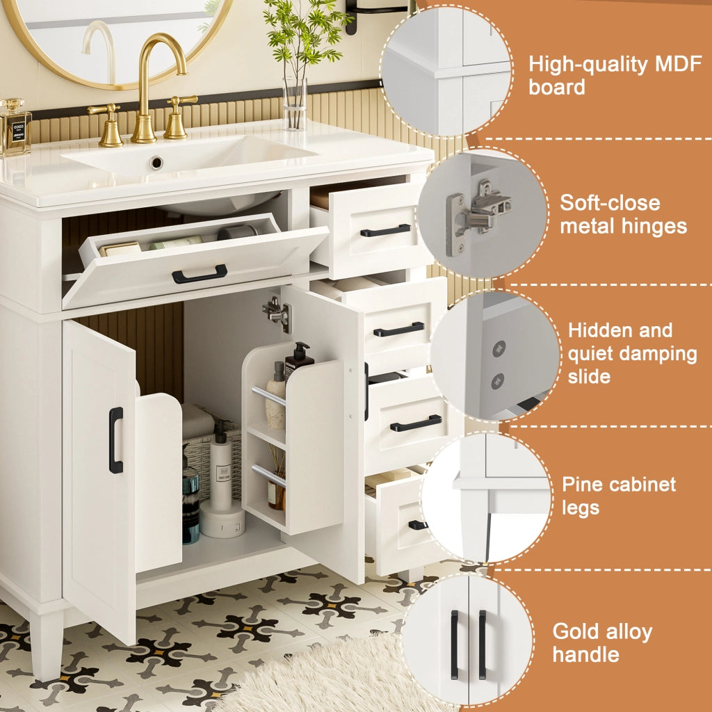 Mobile sottolavabo con lavabo in ceramica, 1 ribalta, 4 cassetti e doppia anta, per bagno, bianco, 90 × 46 × 87 cm