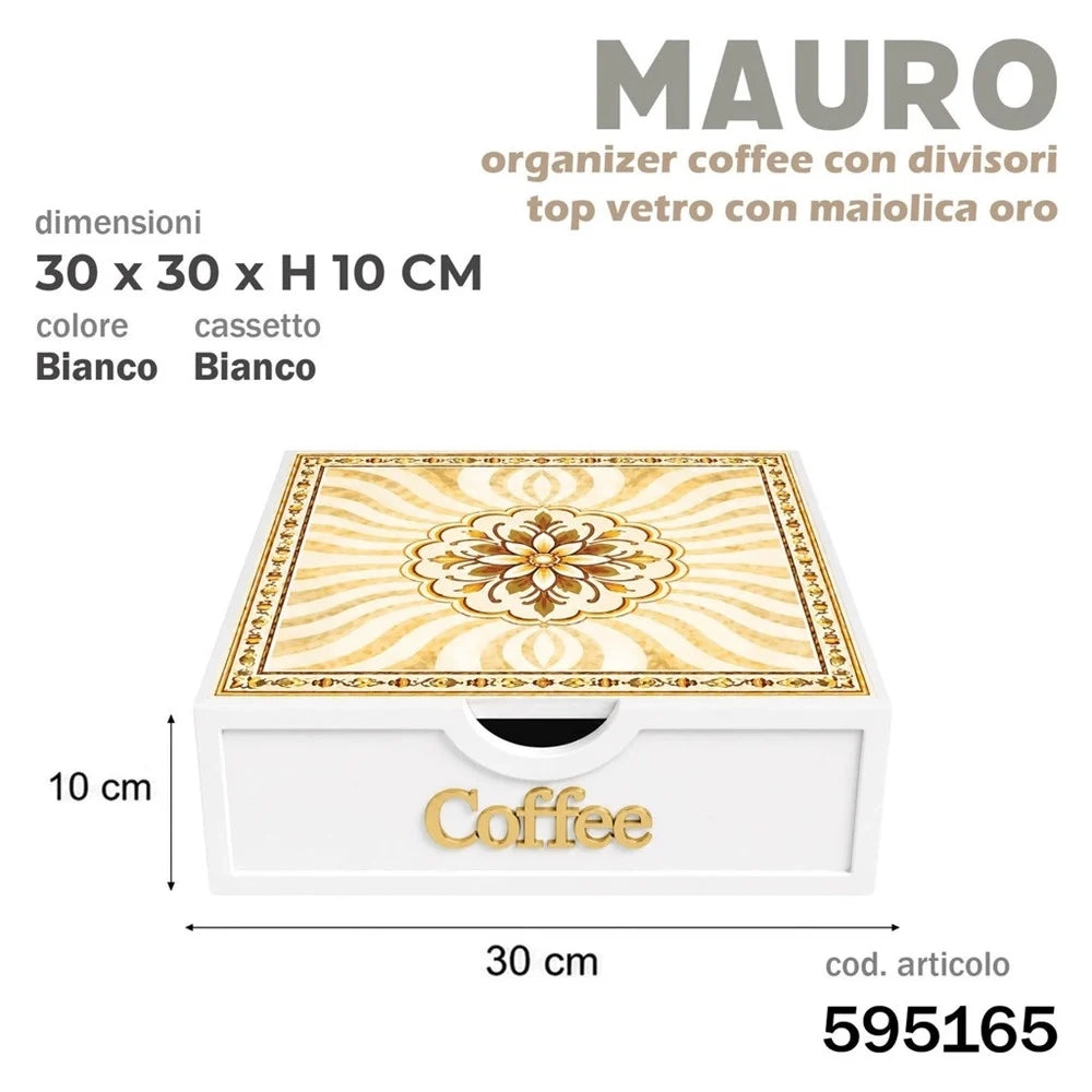 Trade Shop - Cassetto Organizer Porta Capsule Cialde Bianco Coffee Top Vetro Maiolica Oro Divisori 595165 -