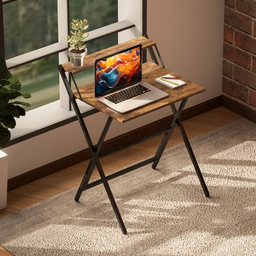 Scrivania Pieghevole con Scaffale ¨C Zephmum ¨C Legno Marrone 65.5x45 cm