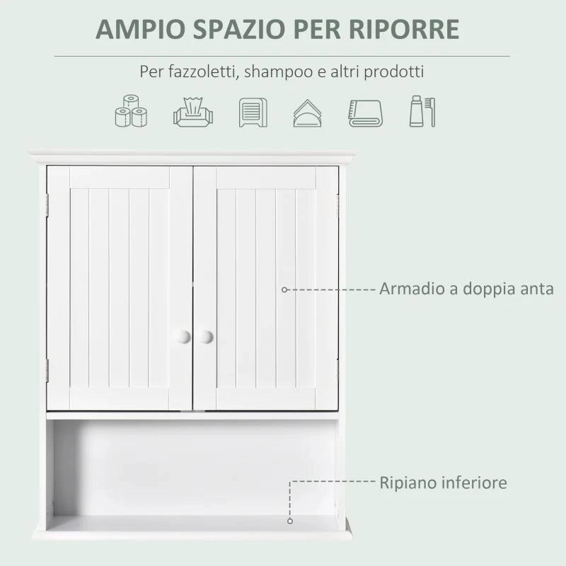 MOBILE BAGNO SOSPESO CON ARMADIETTO A 2 ANTE E RIPIANO APERTO, MENSOLA INTERNA REGOLABILE, BIANCO