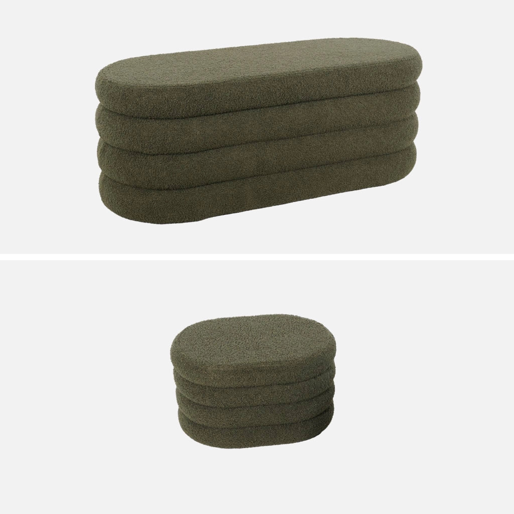 Panca contenitore con 2 pouf contenitori bouclé, verde kaki