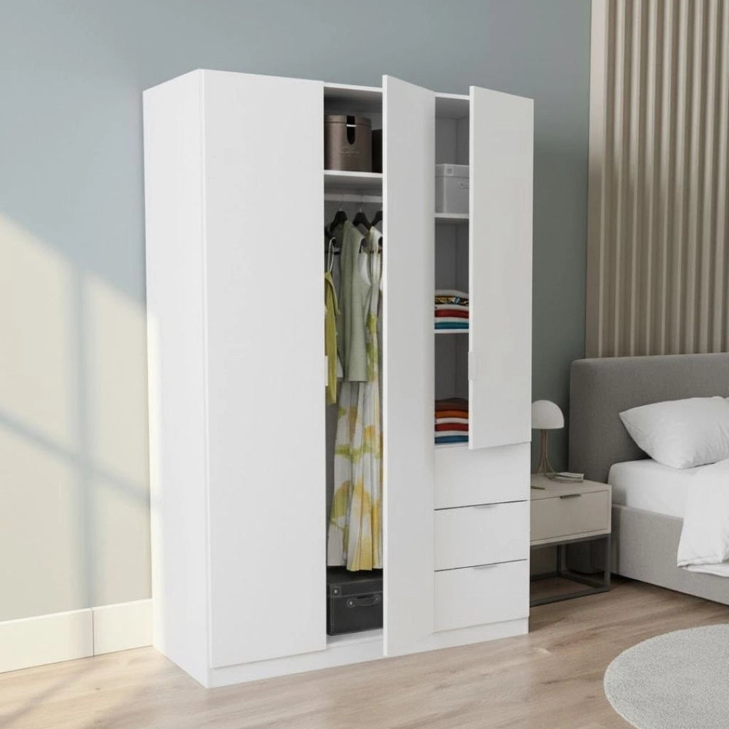 Guardaroba Ade, Armadio per camera da letto a 3 ante e 3 cassetti, Mobile con 3 ripiani e barra appendiabiti, cm 135x52h200, Bianco
