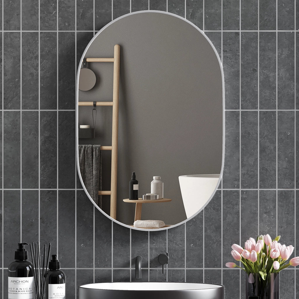 Specchio Bagno da Parete Ovale con Cornice in Alluminio ¨C zephmum ¨C Argento 60x90 cm