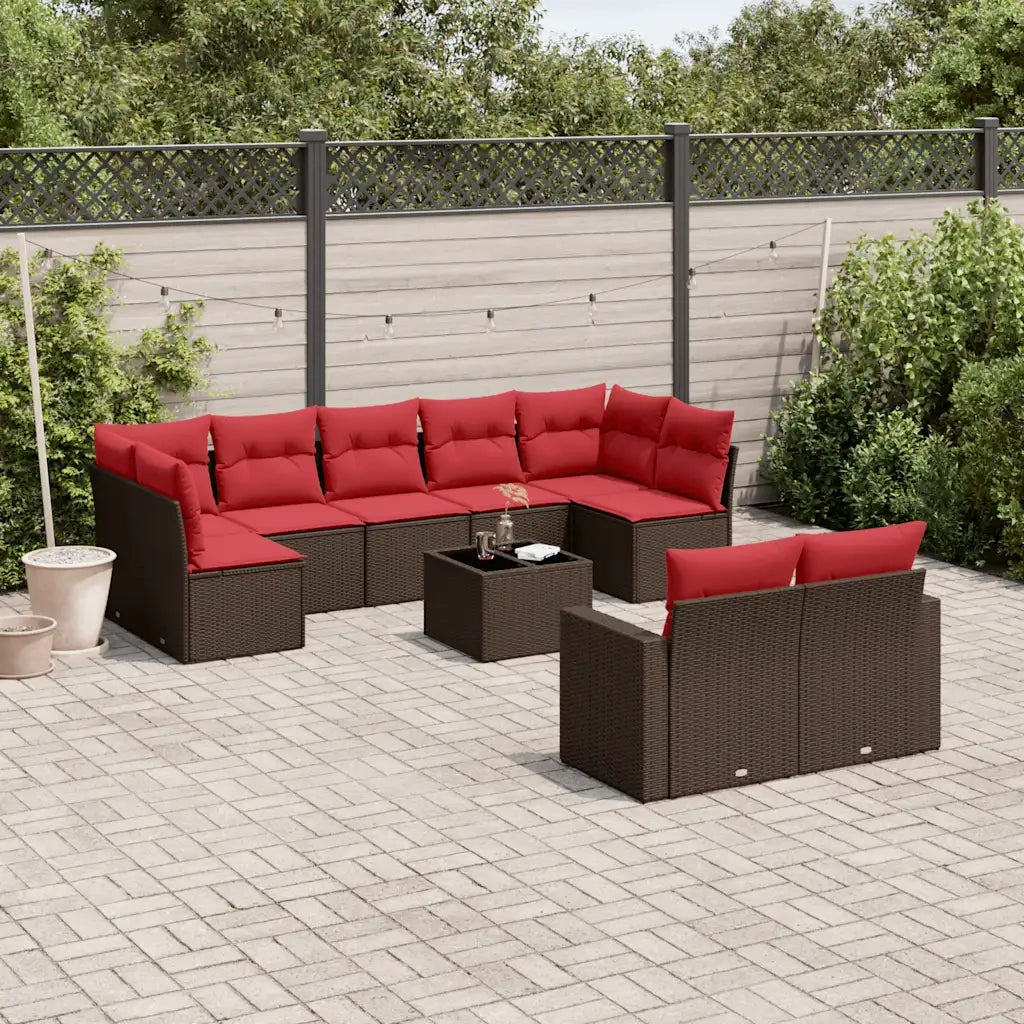 Set Divani da Giardino 10pz con Cuscini in Polyrattan Marrone