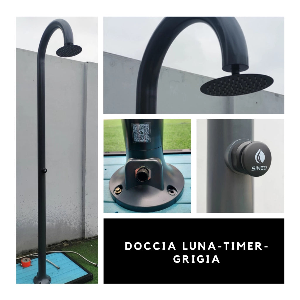 Sined Luna Timer Grigia Doccia In Alluminio Doppio Attacco Acqua Fredda Laterale o Inferiore Doccia Acqua Fredda Su Unico Tubo Interno Temporizzata Con Soffione e Miscelatore Tondo Grigio