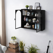 Mobiletto da Parete Nero in Metallo e Vetro Temperato 70x60x23 cm con 2 Ante e Ripiani Interni