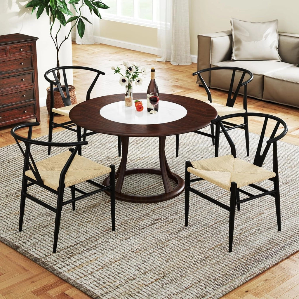 Set di 2 Sedie Sala da Pranzo, Sedie Impilabile Moderna in Metallo con Seduta Intrecciato, Schienale a Forma di Y e Braccioli, Poltrone per Ufficio, Cucina e Ristorante (Nero e Naturale)