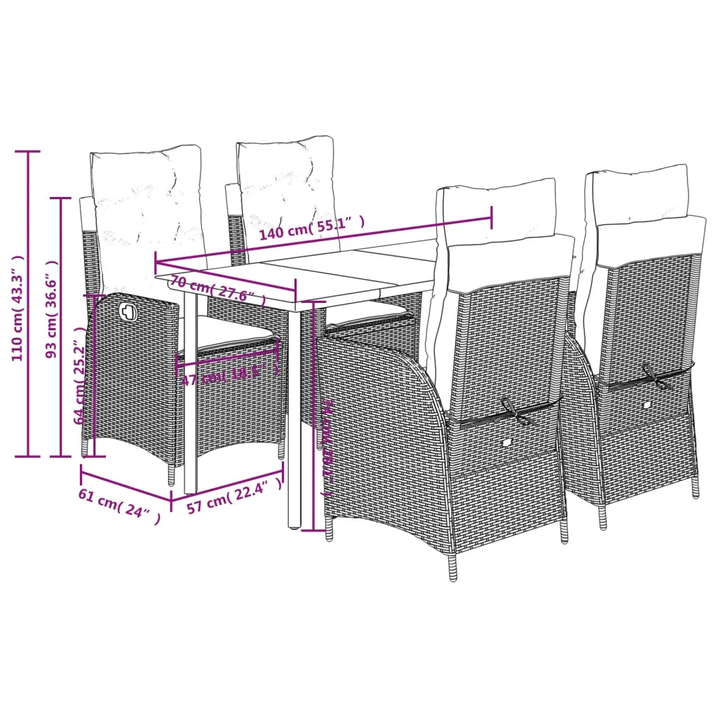 Set da Pranzo da Giardino 5 pz Nero con Cuscini in Polyrattan