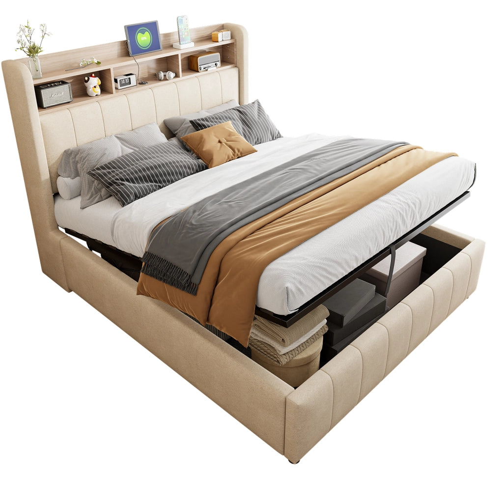 Letto imbottito 140x200 cm beige con LED, USB e vano contenitore