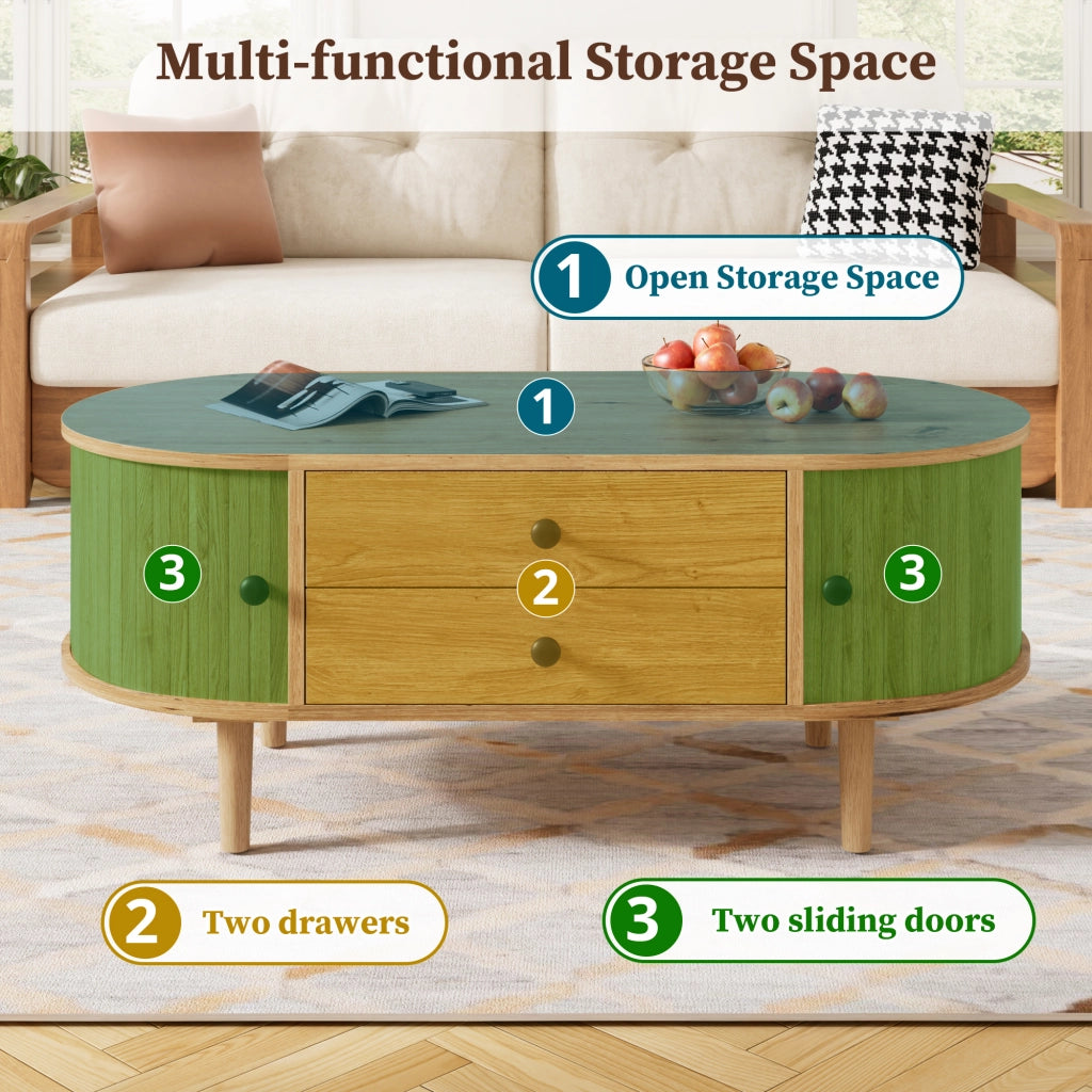 Tavolino da Salotto Ovale con 2 Cassetti e Ante Scorrevoli in MDF ¨C MINIMAL