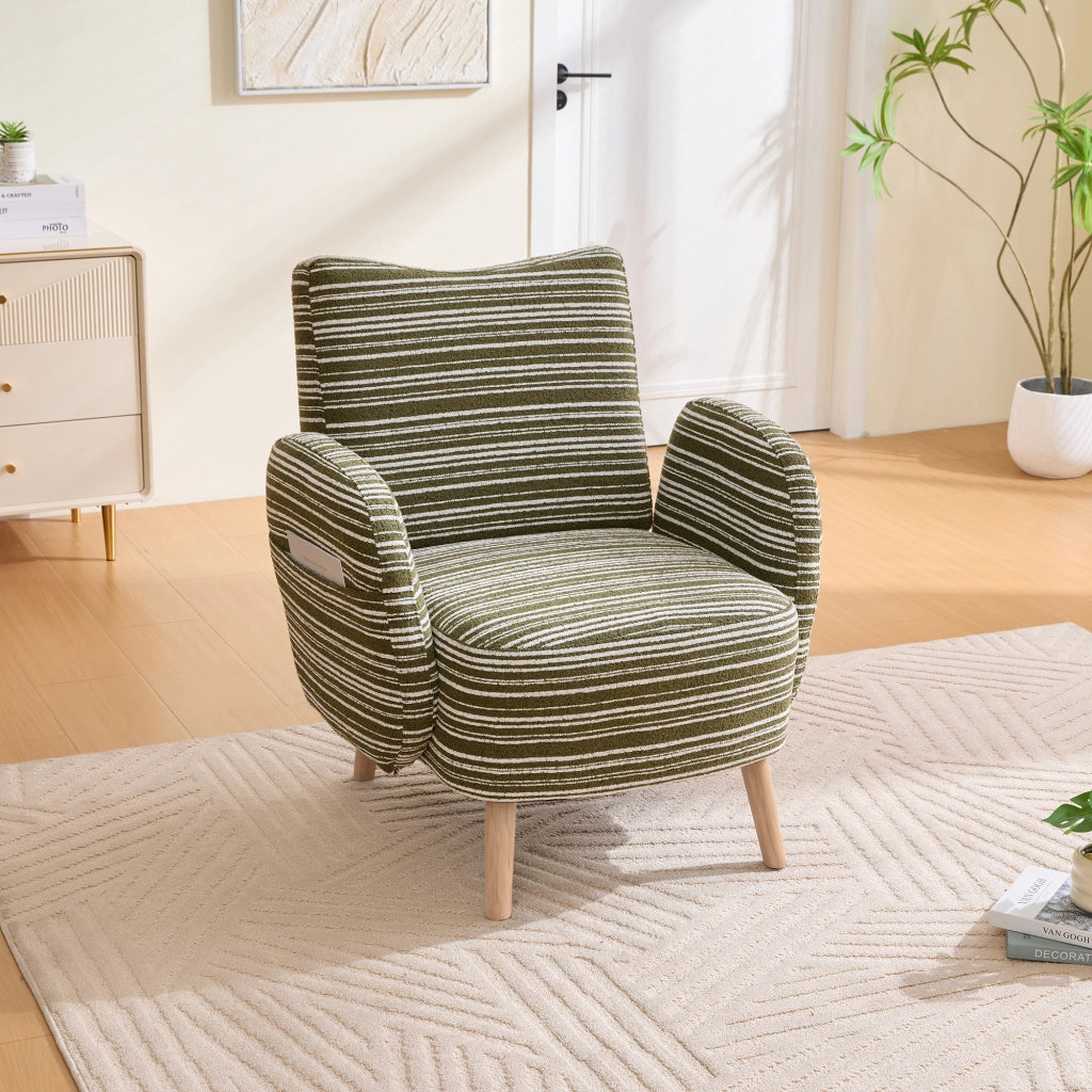Poltrona da Lettura con Tasca Laterale; Comfort Ergonomico; Gambe in Legno Massello in Bouclé Verde Oliva