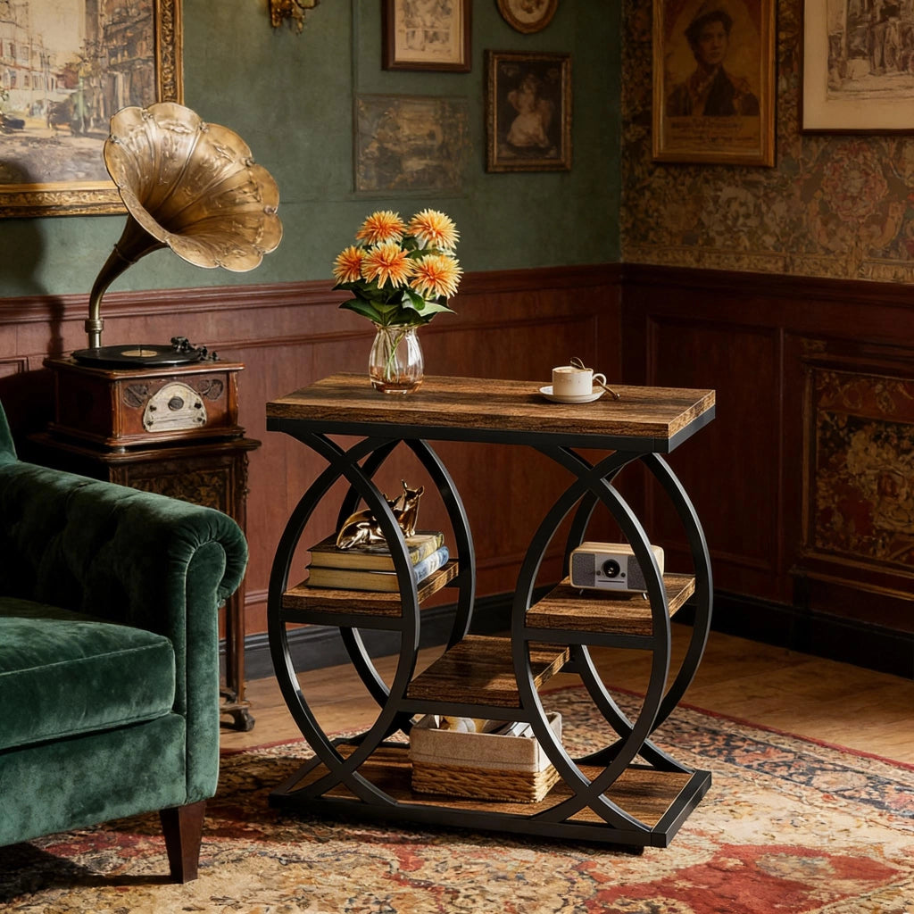 Tavolino basso compatto a più livelli in metallo e legno marrone 72 × 61,5 × 11,5 cm