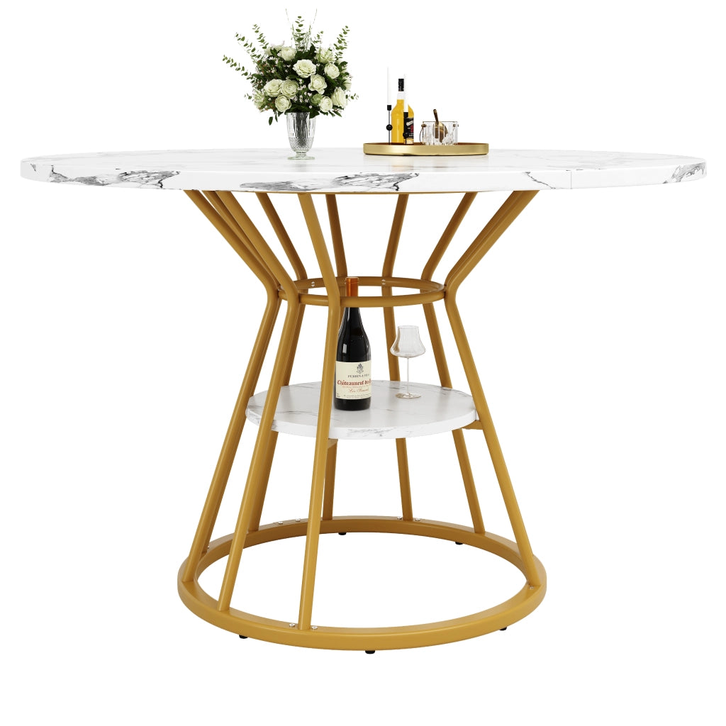 Tavolo da Pranzo Rotondo ¨C MINIMAL ¨C Piano Effetto Marmo, Gambe in Metallo Nero/Oro