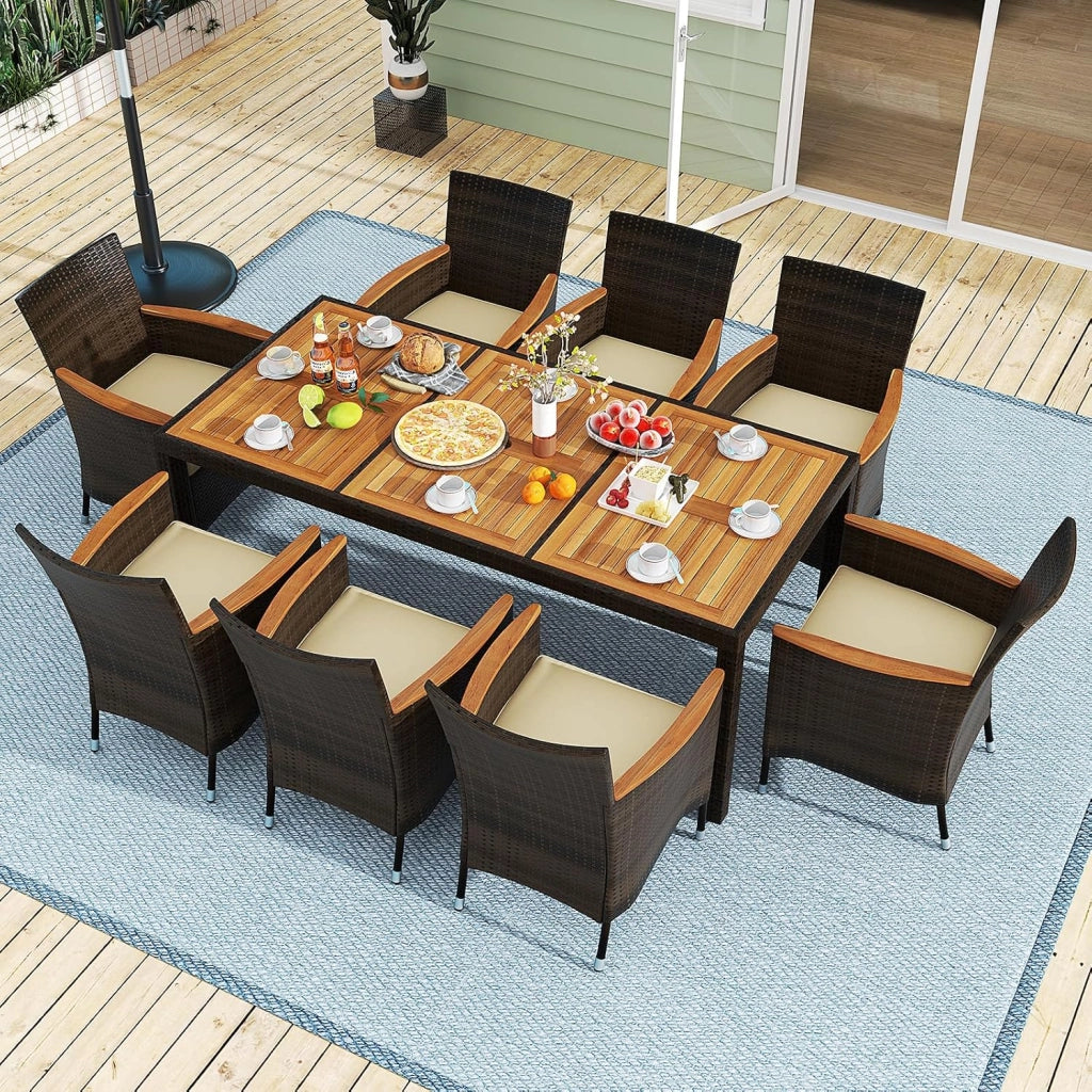 9 Pezzi Set di Mobili da Giardino, Set di Mobili in Rattan PE con Cuscini Rimovibili, 8 Sedie Impilabile e 1 Tavolo, per Giardino Piscina e Cortile