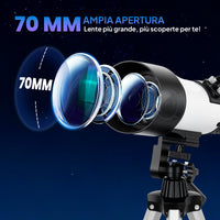 Telescopio Astronomico 70mm con 2 Lenti Oculari e Adattatore Smartphone Bianco e Nero