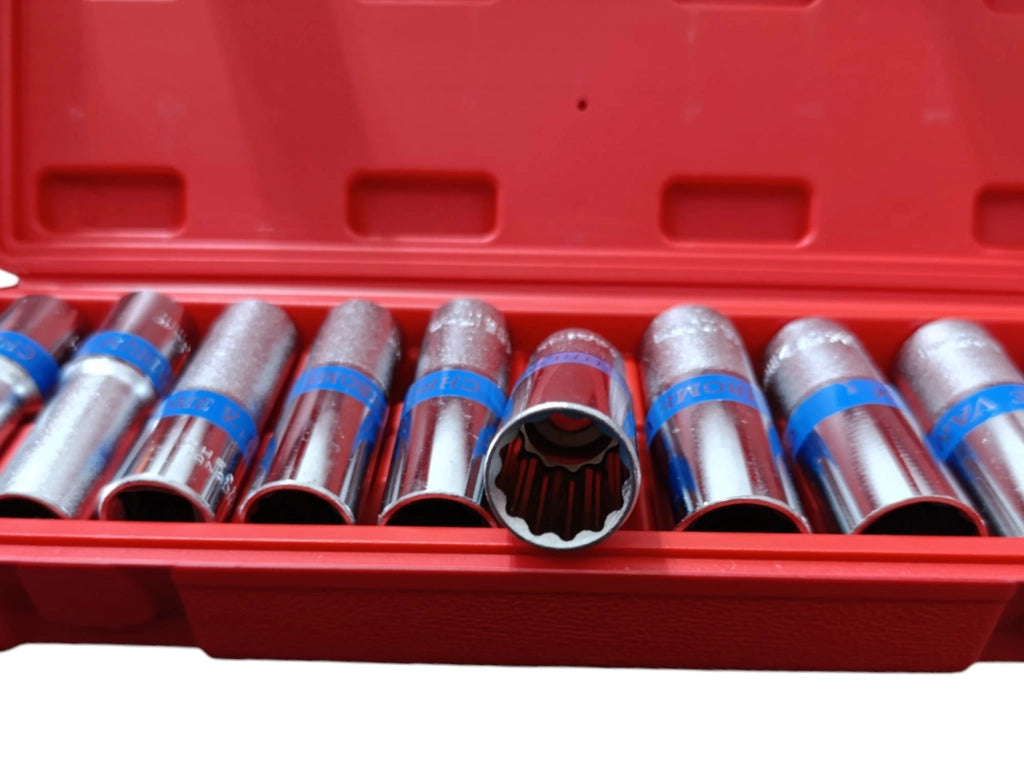 Set Chiavi A Bussola Lunghe 1/2'' Chrome Vanadium Poligonali da 12 A 24 10Pz Ox