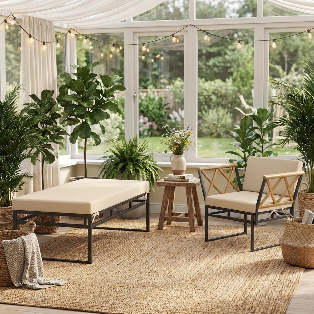 Set di 2 mobili da balcone, sdraio modulare con cuscino, poltrona e pouf, sdraio da giardino per 1-3 persone, per piscina, giardino, cortile, terrazza, 75 x 175 x 66 cm