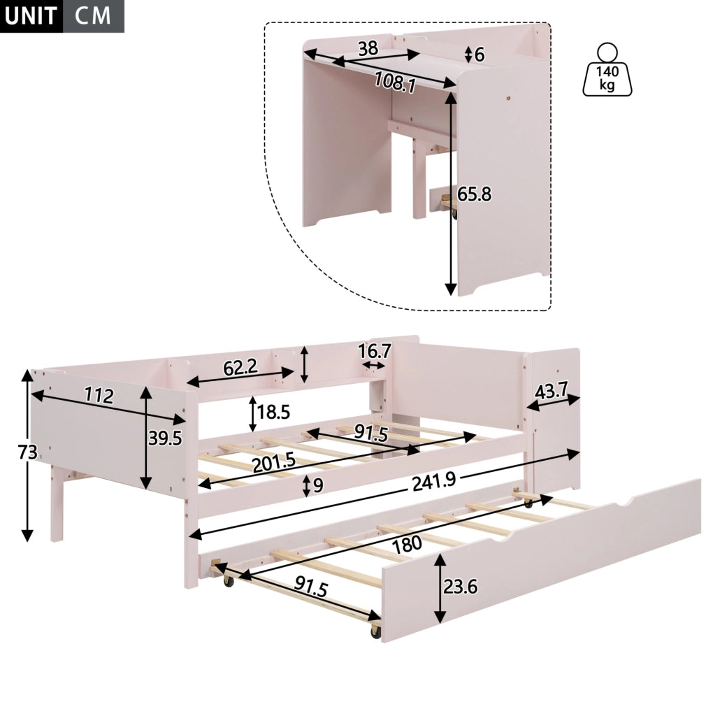 Letto singolo rosa 90x200 cm con letto estraibile, scrivania e 3 ripiani