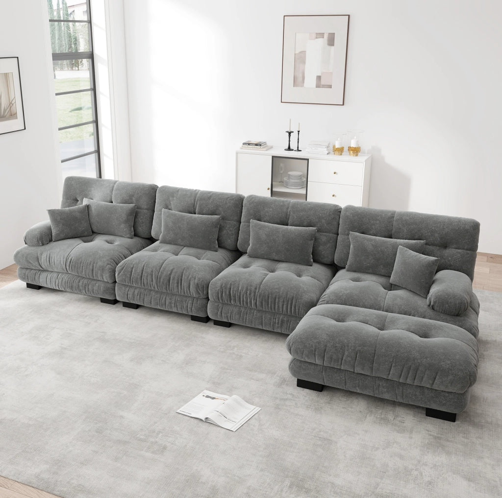 Divano modulare angolare in chenille grigia con ottomane mobili; 406x145x81 cm
