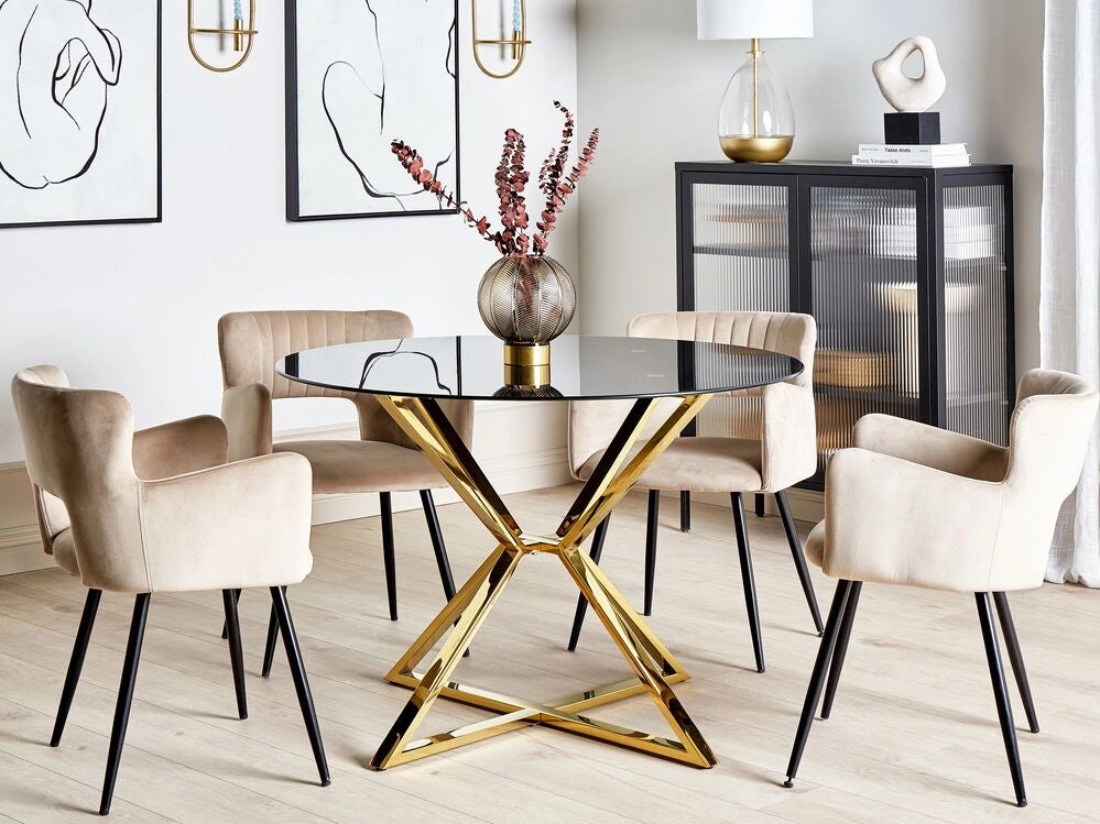 Tavolo da pranzo in vetro temperato nero e oro ⌀ 105 cm gambe in metallo elegante moderno