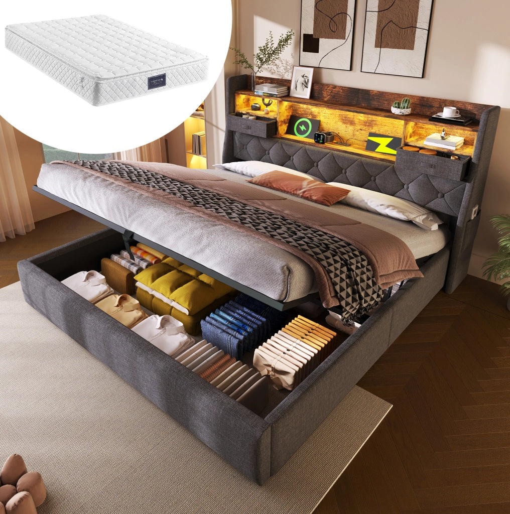 Letto imbottito 140x200 cm grigio con materasso, LED, ricarica USB/Type-C e contenitore