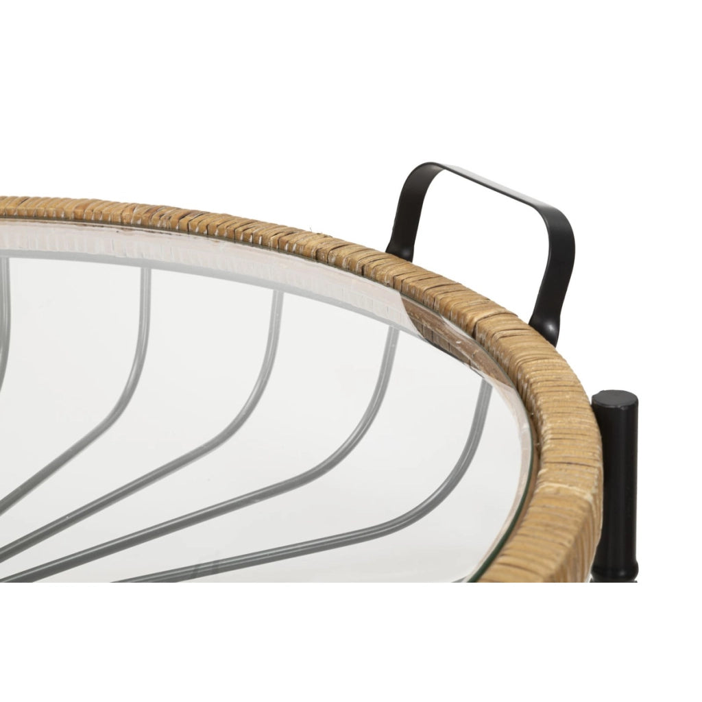 Tavolino Cebu con piano in vetro e ruote, ferro e rattan — 70,5x65x57 cm