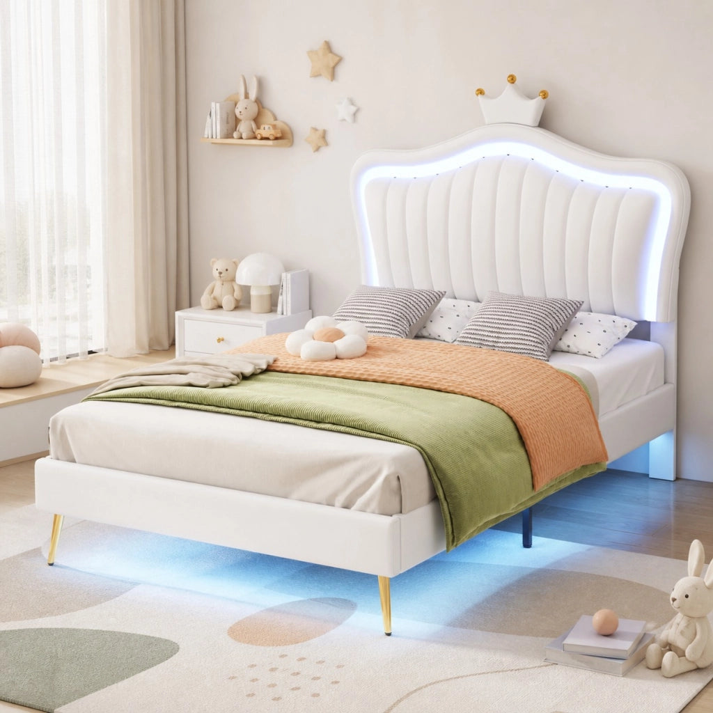 Letto per bambini 90x200 cm con LED; testiera regolabile e rete; bianco