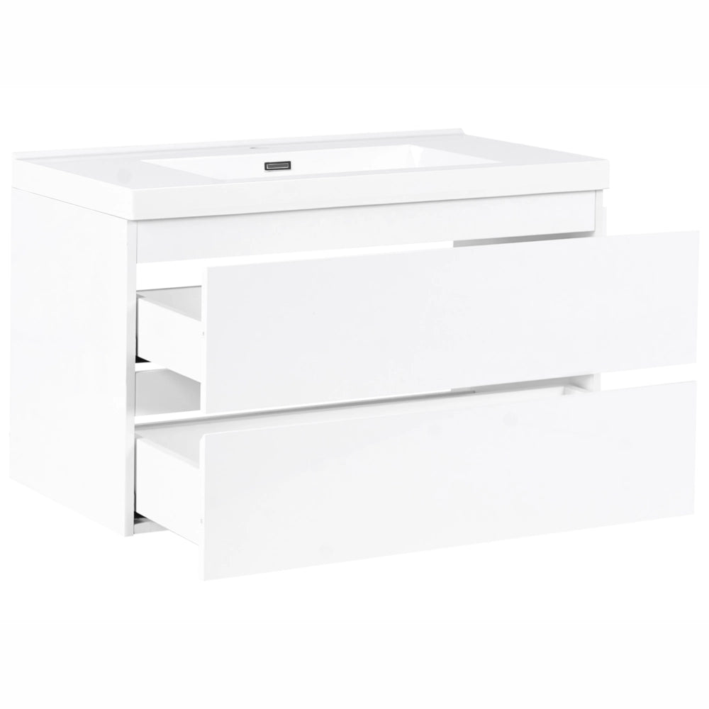 Mobile bagno sospeso bianco 90 x 50 cm con 2 cassetti e lavabo