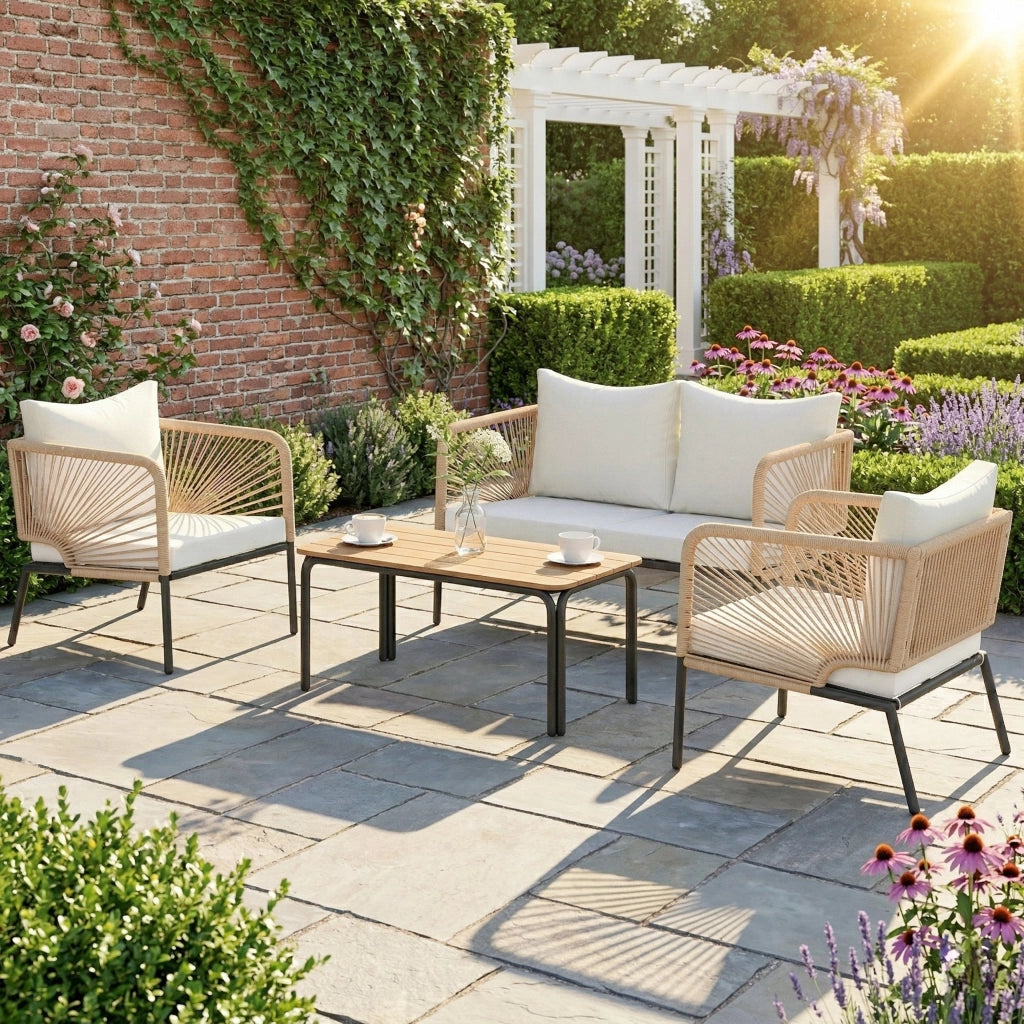 Set Giardino 4 Posti con Divano 2 Posti, 2 Poltrone e Tavolo ¨C Zephmum ¨C Grigio Polyrattan Textilene 135x85x75